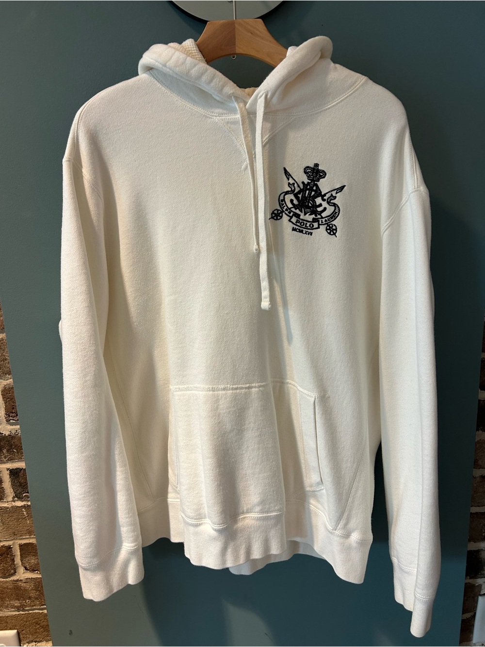 Polo by Ralph Lauren Cream Pullover Hoodie with Embroidered Crest Mens XL Vint